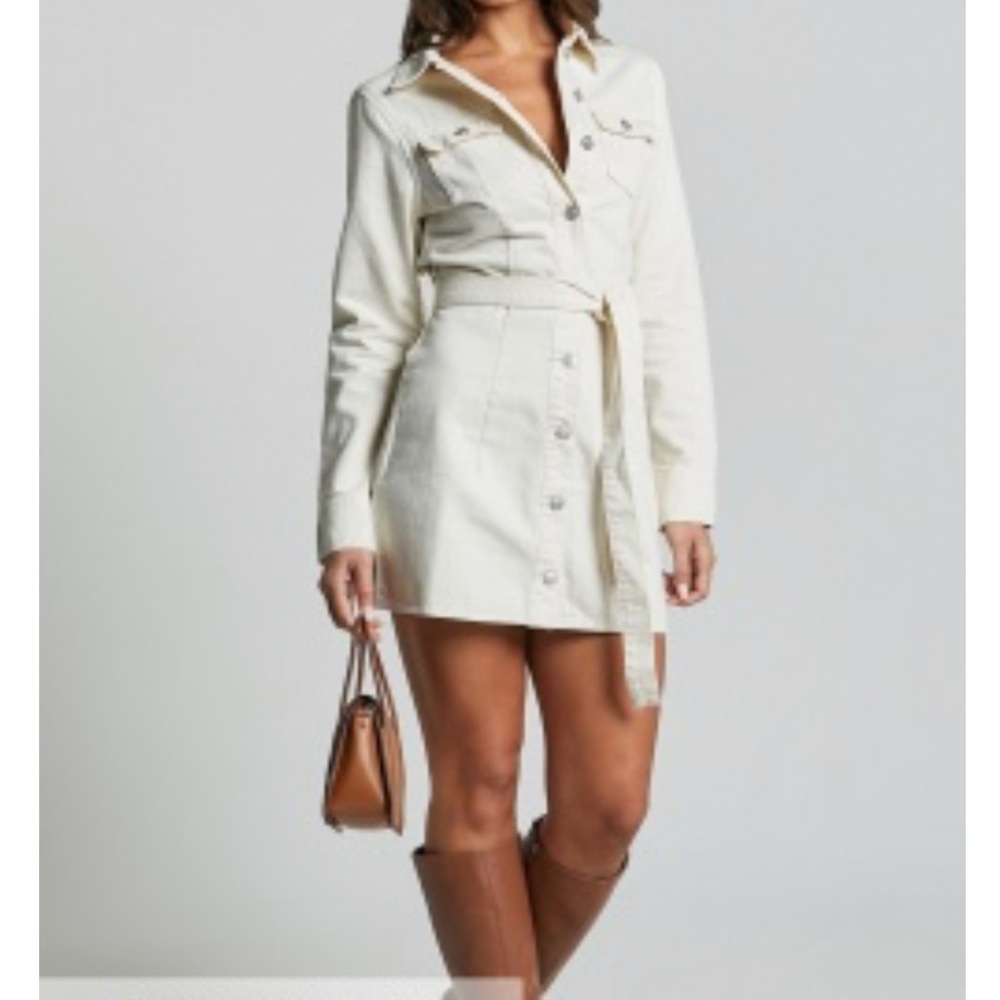 Tailored Cream Button-Front Shirt Dress with Waist Tie